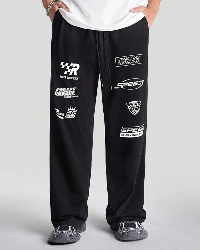 فلاينوف بنطلون رياضي رجالي أسود مطبوع بقصة فضفاضة - Image 2